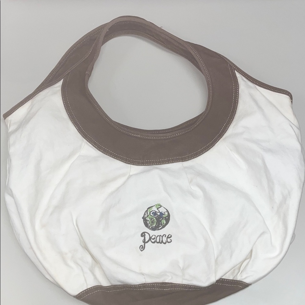 Life Is Good LARGE White & Brown Denim like 100% cotton Peace Tote / preowned